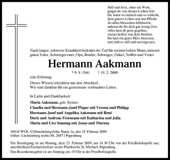 Traueranzeige von Hermann Aakmann von Neue Osnabrücker Zeitung GmbH & Co. KG