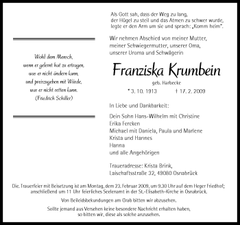 Traueranzeige von Franziska Krumbein von Neue Osnabrücker Zeitung GmbH & Co. KG
