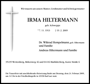 Traueranzeige von Irma Hiltermann von Neue Osnabrücker Zeitung GmbH & Co. KG