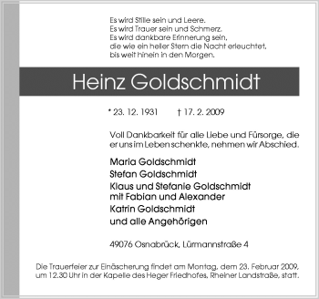 Traueranzeige von Heinz Goldschmidt von Neue Osnabrücker Zeitung GmbH & Co. KG