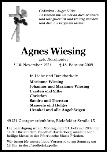 Traueranzeige von Agnes Wiesing von Neue Osnabrücker Zeitung GmbH & Co. KG