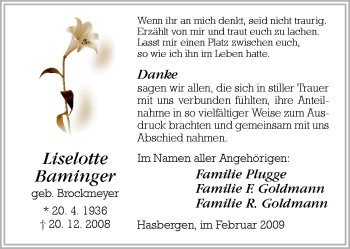 Traueranzeige von Liselotte Baminger von Neue Osnabrücker Zeitung GmbH & Co. KG