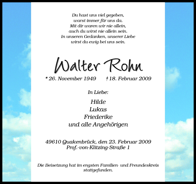  Traueranzeige für Walter Rohn vom 24.02.2009 aus Neue Osnabrücker Zeitung GmbH & Co. KG
