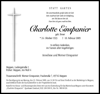 Traueranzeige von Charlotte Einspanier von Neue Osnabrücker Zeitung GmbH & Co. KG