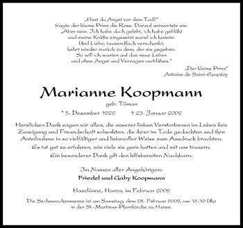 Traueranzeige von Marianne Koopmann von Neue Osnabrücker Zeitung GmbH & Co. KG