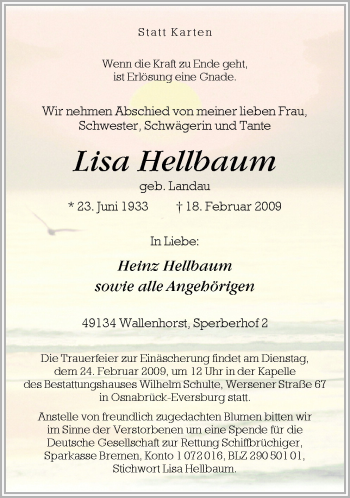 Traueranzeige von Lisa Hellbaum von Neue Osnabrücker Zeitung GmbH & Co. KG