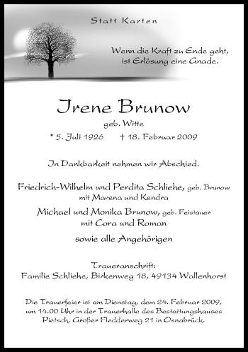 Traueranzeige von Irene Brunow von Neue Osnabrücker Zeitung GmbH & Co. KG