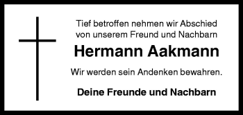 Traueranzeige von Hermann Aakmann von Neue Osnabrücker Zeitung GmbH & Co. KG