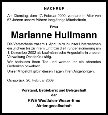 Traueranzeige von Marianne Hullmann von Neue Osnabrücker Zeitung GmbH & Co. KG