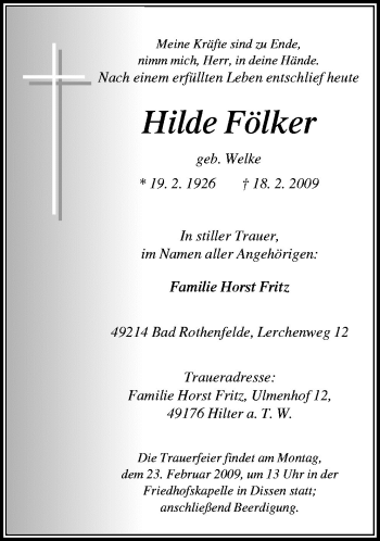 Traueranzeige von Hilde Fölker von Neue Osnabrücker Zeitung GmbH & Co. KG