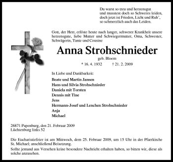 Traueranzeige von Anna Strohschnieder von Neue Osnabrücker Zeitung GmbH & Co. KG