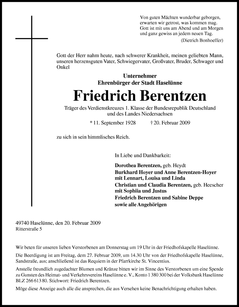  Traueranzeige für Friedrich Berentzen vom 23.02.2009 aus Neue Osnabrücker Zeitung GmbH & Co. KG