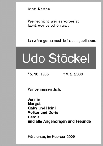 Traueranzeige von Udo Stöckel von Neue Osnabrücker Zeitung GmbH & Co. KG