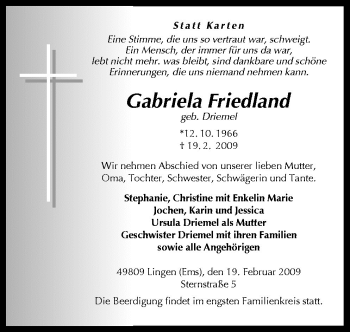 Traueranzeige von Gabriela Friedland von Neue Osnabrücker Zeitung GmbH & Co. KG