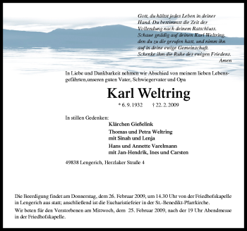 Traueranzeige von Karl Weltring von Neue Osnabrücker Zeitung GmbH & Co. KG
