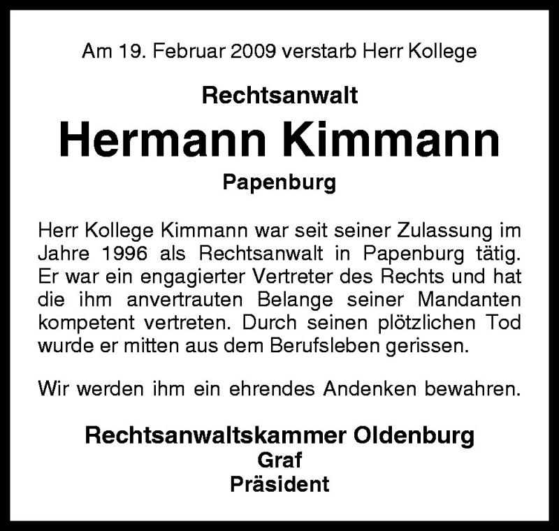  Traueranzeige für Hermann Kimmann vom 23.02.2009 aus Neue Osnabrücker Zeitung GmbH & Co. KG