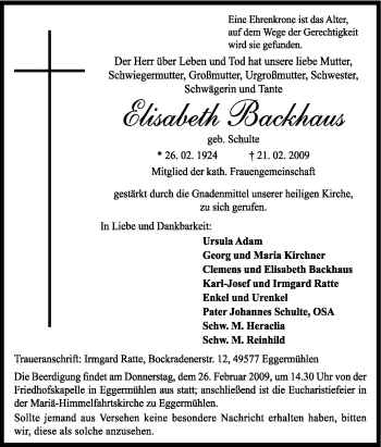 Traueranzeige von Elisabeth Backhaus von Neue Osnabrücker Zeitung GmbH & Co. KG