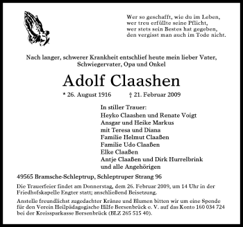 Traueranzeige von Adolf Claashen von Neue Osnabrücker Zeitung GmbH & Co. KG
