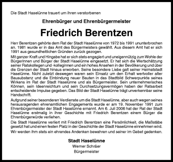 Traueranzeige von Friedrich Berentzen von Neue Osnabrücker Zeitung GmbH & Co. KG