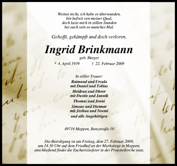 Traueranzeige von Ingrid Brinkmann von Neue Osnabrücker Zeitung GmbH & Co. KG