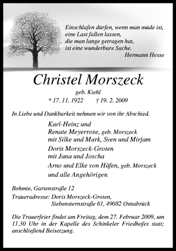 Traueranzeige von Christel Morszeck von Neue Osnabrücker Zeitung GmbH & Co. KG