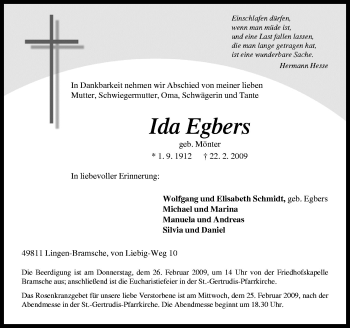 Traueranzeige von Ida Egbers von Neue Osnabrücker Zeitung GmbH & Co. KG