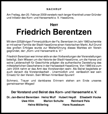 Traueranzeige von Friedrich Berentzen von Neue Osnabrücker Zeitung GmbH & Co. KG