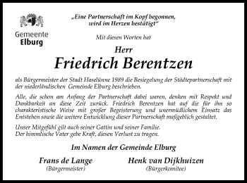 Traueranzeige von Friedrich Berentzen von Neue Osnabrücker Zeitung GmbH & Co. KG