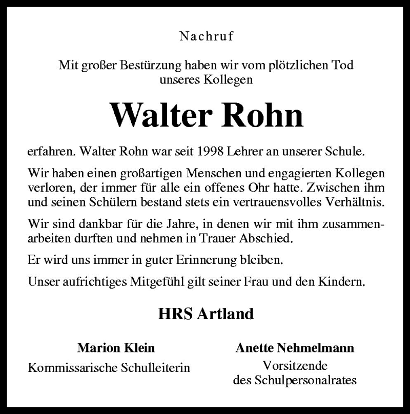  Traueranzeige für Walter Rohn vom 25.02.2009 aus Neue Osnabrücker Zeitung GmbH & Co. KG