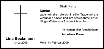 Traueranzeige von Lina Beckmann von Neue Osnabrücker Zeitung GmbH & Co. KG