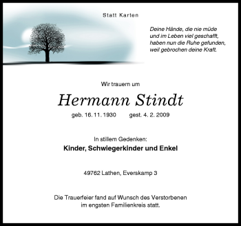 Traueranzeige von Hermann Stindt von Neue Osnabrücker Zeitung GmbH & Co. KG