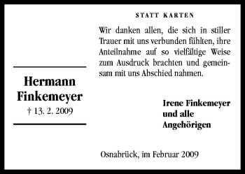 Traueranzeige von Hermann Finkemeyer von Neue Osnabrücker Zeitung GmbH & Co. KG