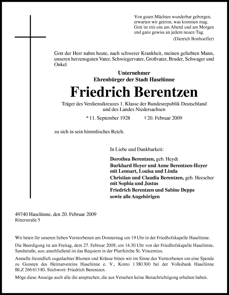  Traueranzeige für Friedrich Berentzen vom 24.02.2009 aus Neue Osnabrücker Zeitung GmbH & Co. KG