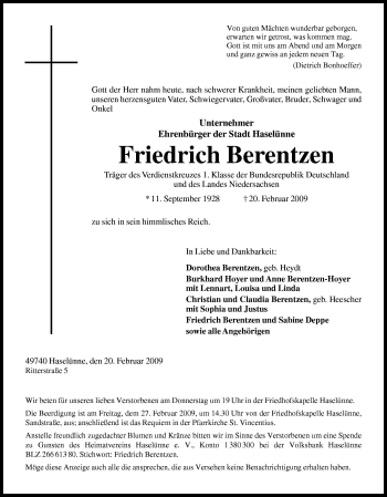 Traueranzeige von Friedrich Berentzen von Neue Osnabrücker Zeitung GmbH & Co. KG