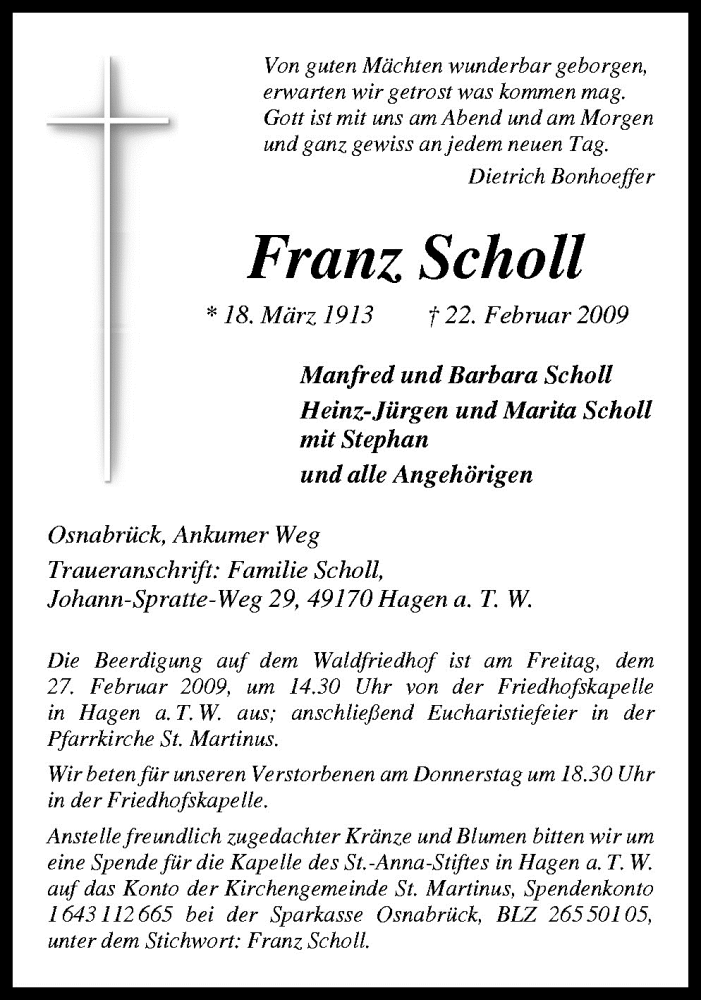  Traueranzeige für Franz Scholl vom 24.02.2009 aus Neue Osnabrücker Zeitung GmbH & Co. KG