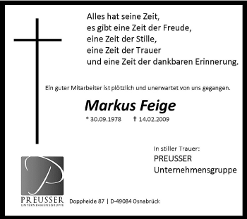 Traueranzeige von Markus Feige von Neue Osnabrücker Zeitung GmbH & Co. KG