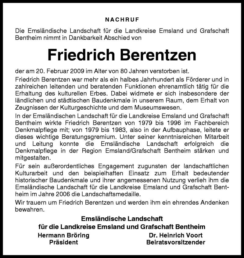  Traueranzeige für Friedrich Berentzen vom 26.02.2009 aus Neue Osnabrücker Zeitung GmbH & Co. KG