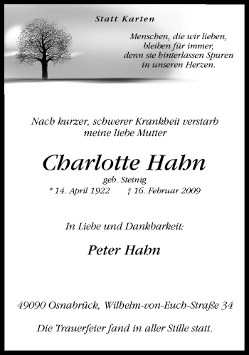 Traueranzeige von Charlotte Hahn von Neue Osnabrücker Zeitung GmbH & Co. KG