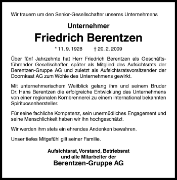 Traueranzeige von Friedrich Berentzen von Neue Osnabrücker Zeitung GmbH & Co. KG