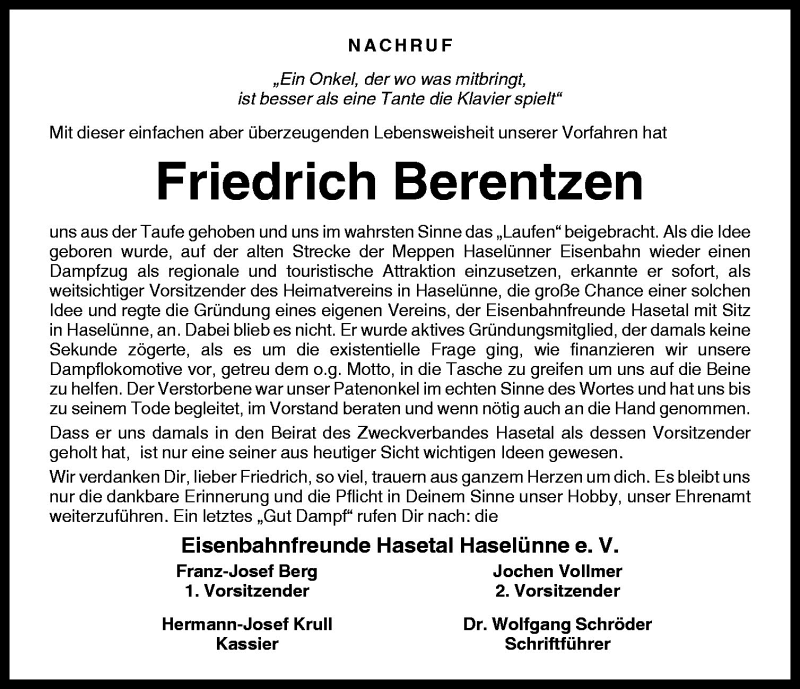  Traueranzeige für Friedrich Berentzen vom 26.02.2009 aus Neue Osnabrücker Zeitung GmbH & Co. KG