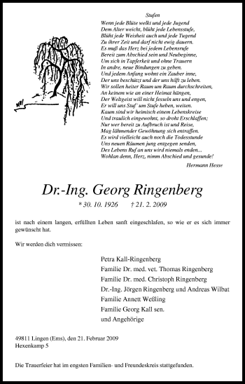 Traueranzeige von Georg Ringenberg von Neue Osnabrücker Zeitung GmbH & Co. KG