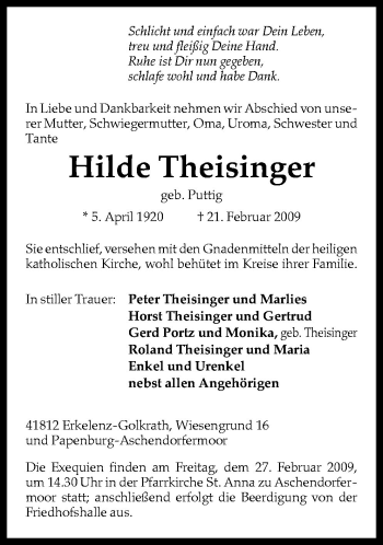 Traueranzeige von Hilde Theisinger von Neue Osnabrücker Zeitung GmbH & Co. KG