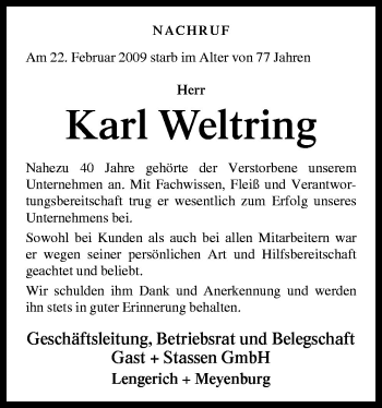 Traueranzeige von Karl Weltring von Neue Osnabrücker Zeitung GmbH & Co. KG