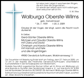 Traueranzeige von Walburga Oberste-Wilms von Neue Osnabrücker Zeitung GmbH & Co. KG