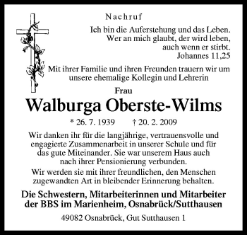 Traueranzeige von Walburga Oberste-Wilms von Neue Osnabrücker Zeitung GmbH & Co. KG