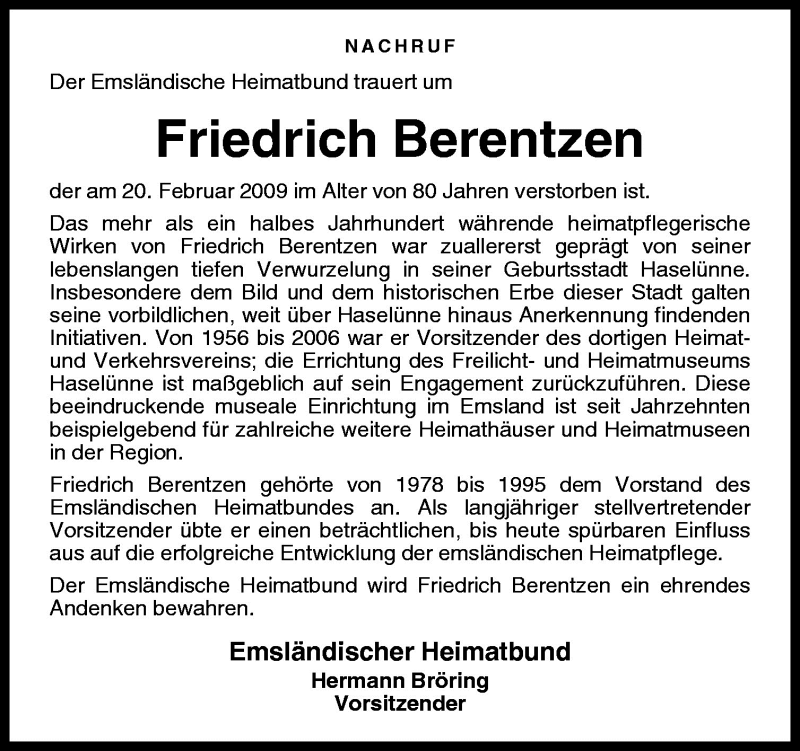  Traueranzeige für Friedrich Berentzen vom 25.02.2009 aus Neue Osnabrücker Zeitung GmbH & Co. KG