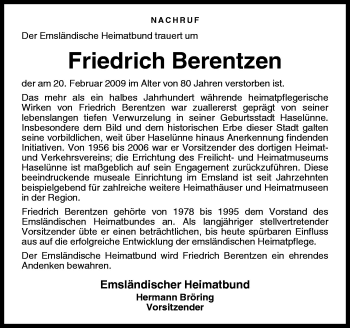 Traueranzeige von Friedrich Berentzen von Neue Osnabrücker Zeitung GmbH & Co. KG