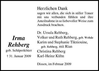 Traueranzeige von Irma Rehberg von Neue Osnabrücker Zeitung GmbH & Co. KG