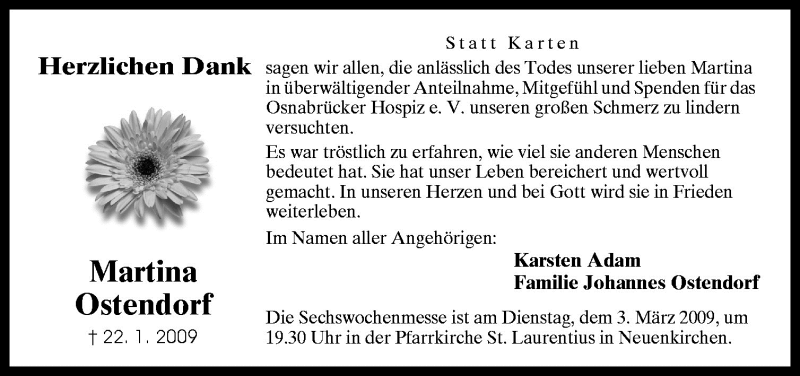  Traueranzeige für Martina Ostendorf vom 27.02.2009 aus Neue Osnabrücker Zeitung GmbH & Co. KG