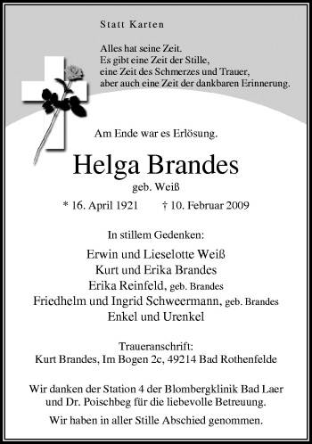 Traueranzeige von Helga Brandes von Neue Osnabrücker Zeitung GmbH & Co. KG
